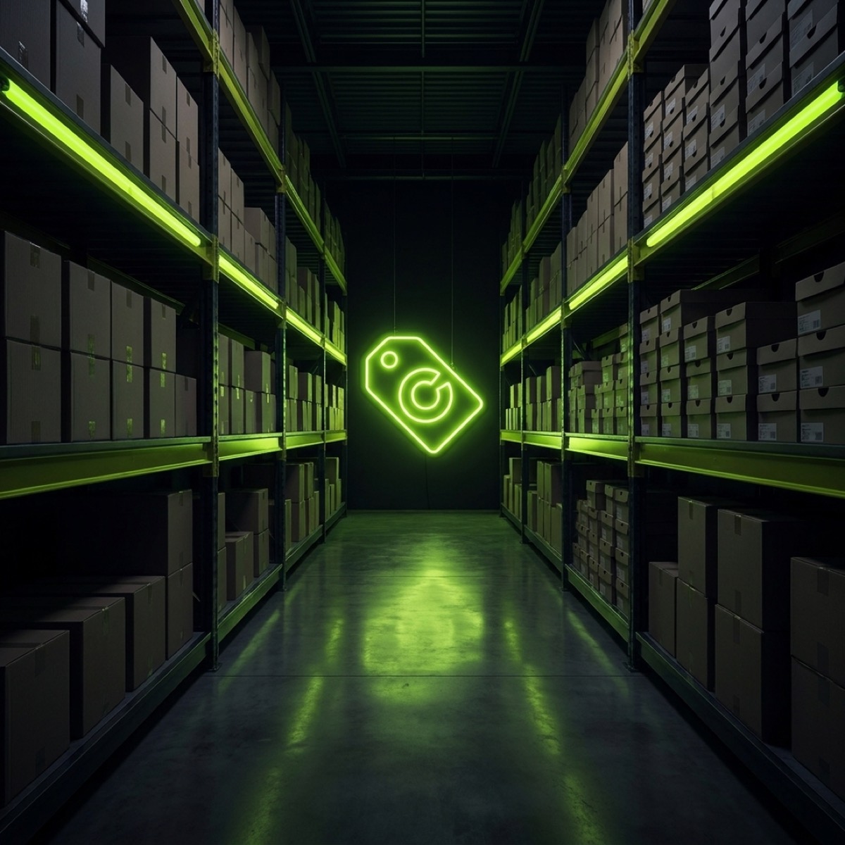 A neon-lit reseller warehouse, shelves of shoeboxes, the Consigner tag glowing at the end of the aisle